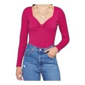 Heatherly Ribbed Bodysuit Sweetheart‎ Neck Long Sleeve Top Fuchsia Pink Size M